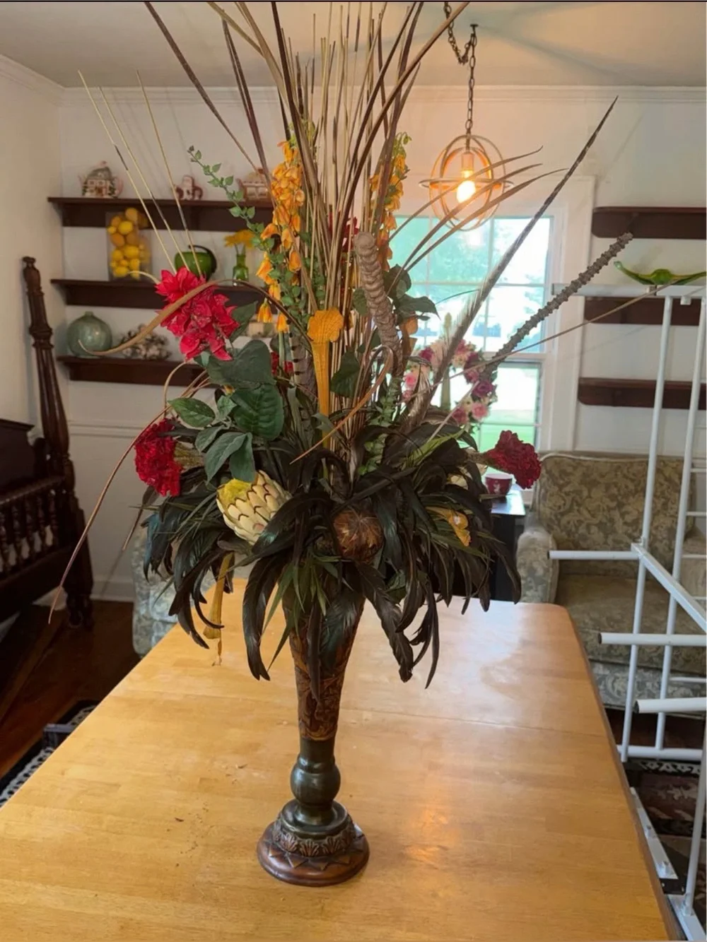 Decorative Tall Floral Arrangement in Red, Orange, Green and Brown